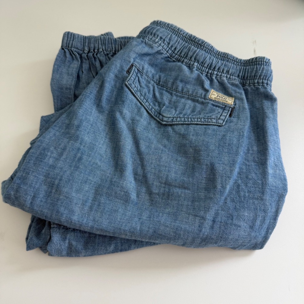 Polo Ralph Lauren Chambray Joggers Blue Cotton Drawstring Zip Cuff Pant Womens M
